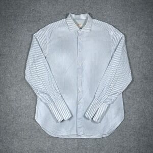 Brioni Dress Shirt Mens 16.5 Blue White Striped Cotton French Cuff Formal Luxury